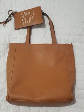 Rae Dunn Tan Tote with 'SMALL STUFF' Zip Pouch